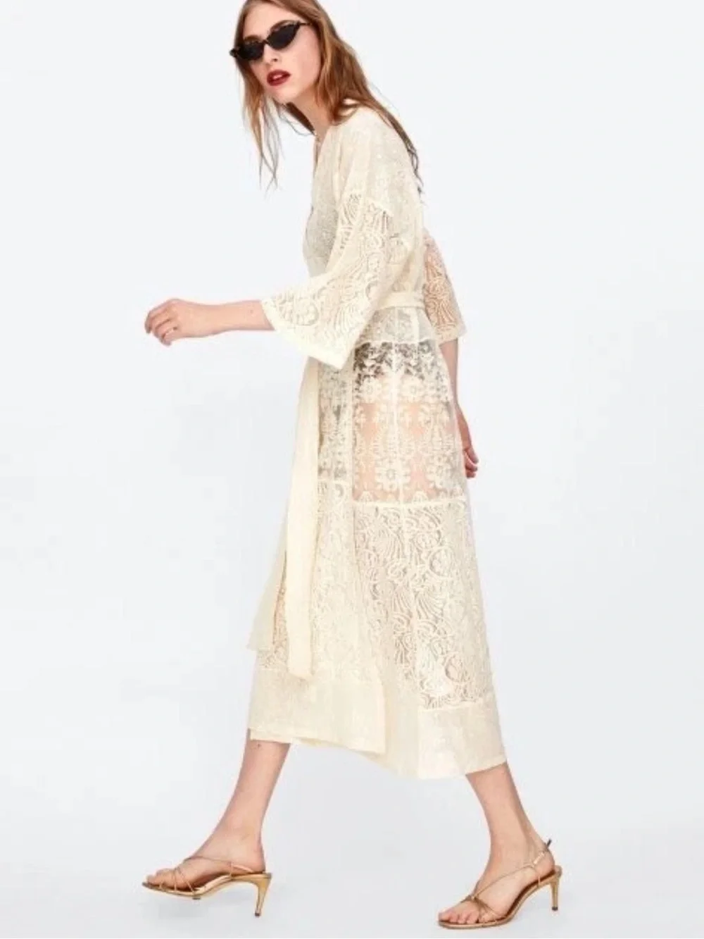 ZARA Cream Lace Kimono Duster Flowing Wrap Dress Cover-Up Beach Vacation Boho M
